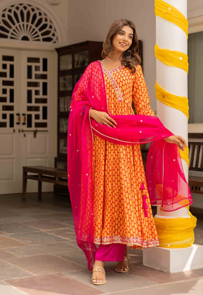 Orange and fuchsia pink eye printed tiered dress with palazzo and organza dupatta (3pc set) - Tara-C-Tara