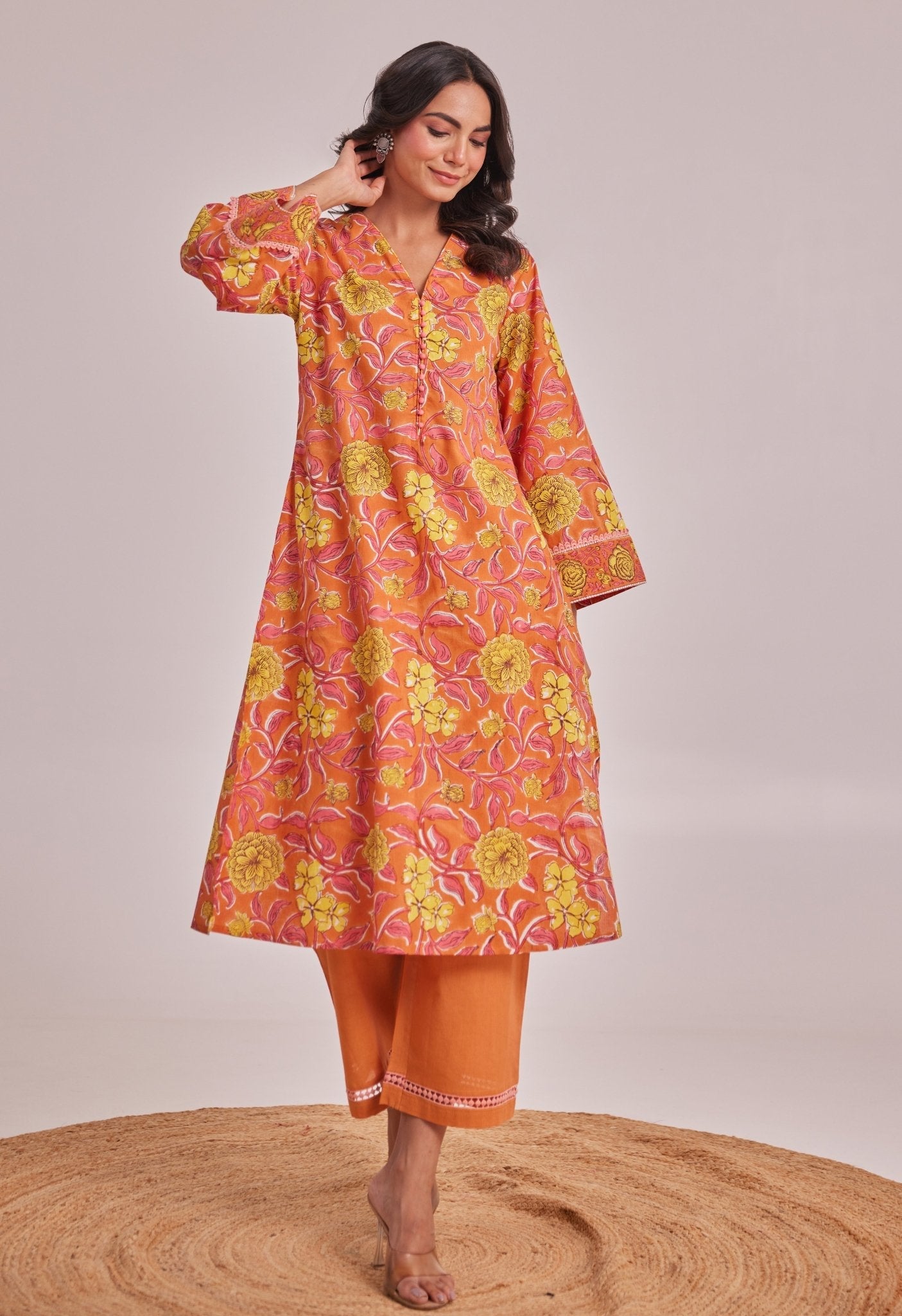 Orange and Yellow Floral hand Block Printed Coord Set - Tara - C - Tara