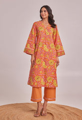 Orange and Yellow Floral hand Block Printed Coord Set - Tara - C - Tara