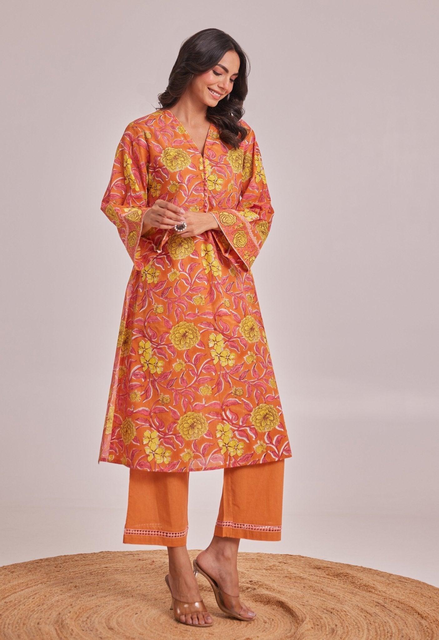 Orange and Yellow Floral hand Block Printed Coord Set - Tara - C - Tara