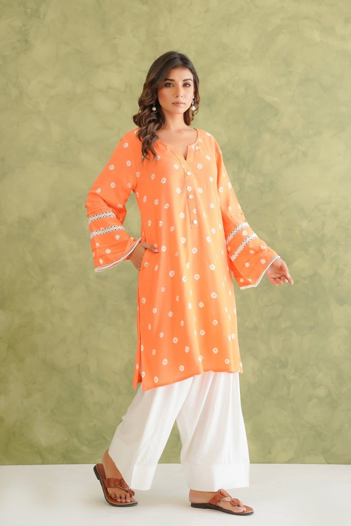 Orange Bandhej Hand Tie Dye Coord Set With Farsi Salwar - Tara - C - Tara