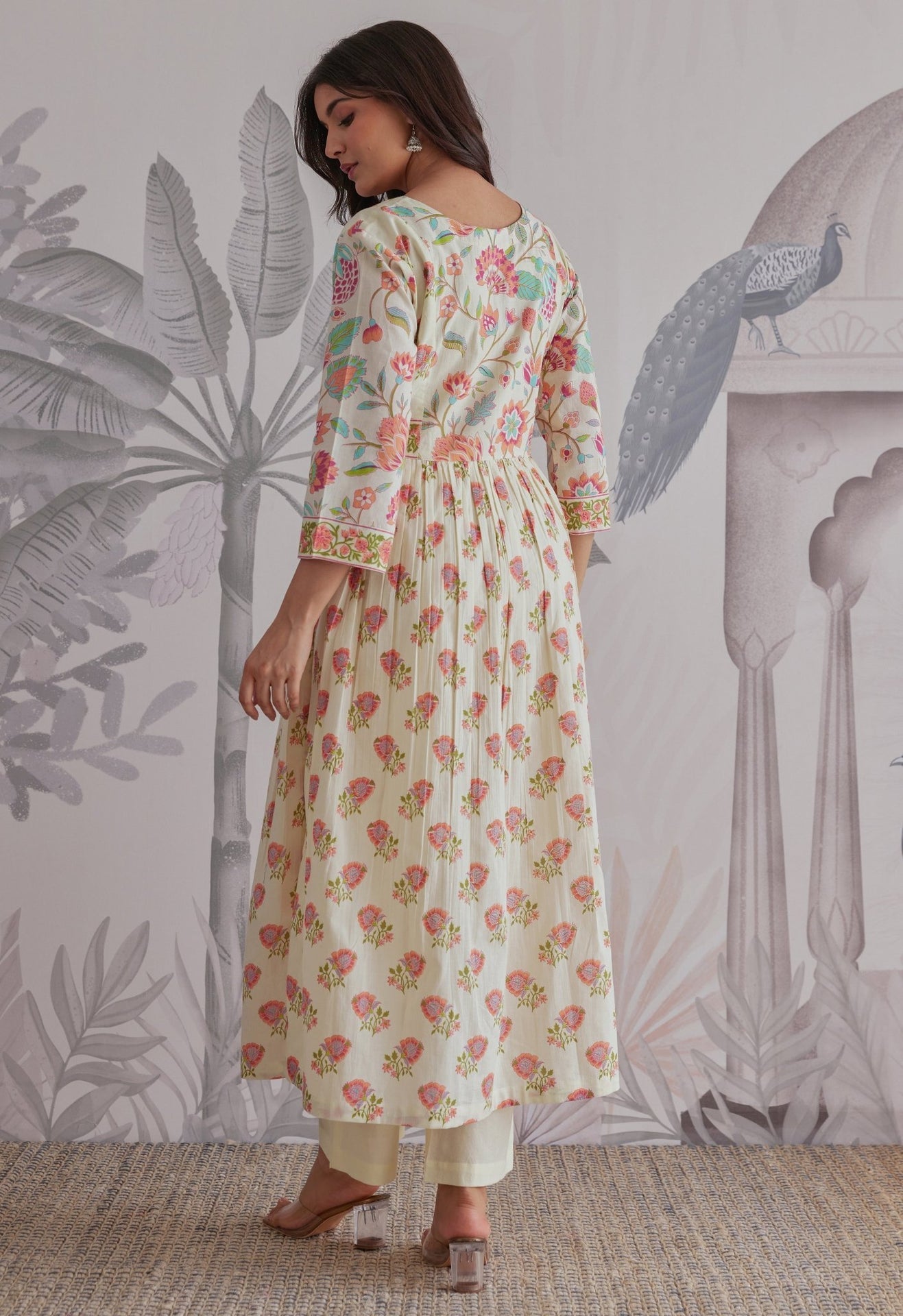 Orange - Cream Floral Printed Anarkali Suit Set - Tara - C - Tara