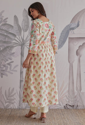 Orange - Cream Floral Printed Anarkali Suit Set - Tara - C - Tara