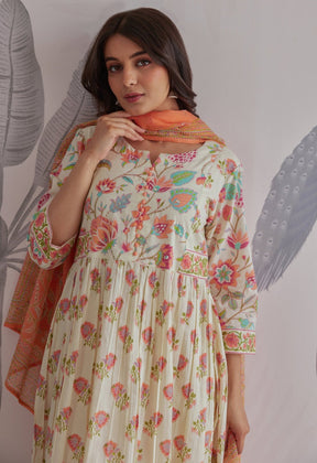 Orange - Cream Floral Printed Anarkali Suit Set - Tara - C - Tara