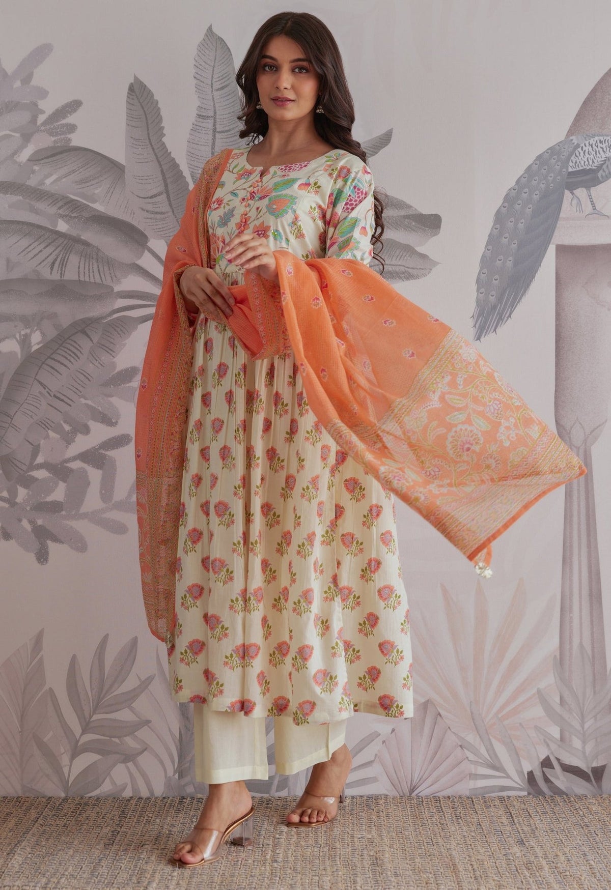 Orange - Cream Floral Printed Anarkali Suit Set - Tara - C - Tara