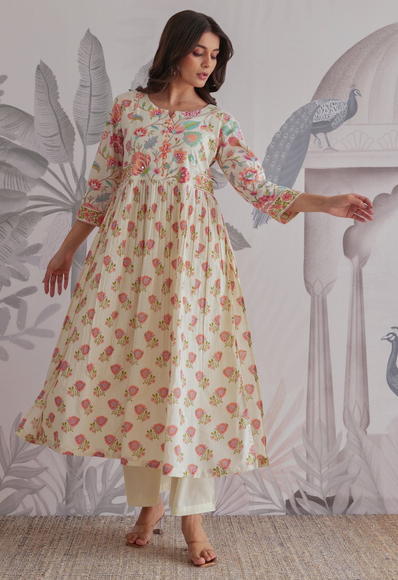 Orange - Cream Floral Printed Anarkali Suit Set - Tara - C - Tara