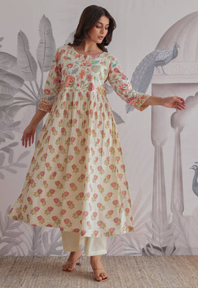Orange - Cream Floral Printed Anarkali Suit Set - Tara - C - Tara