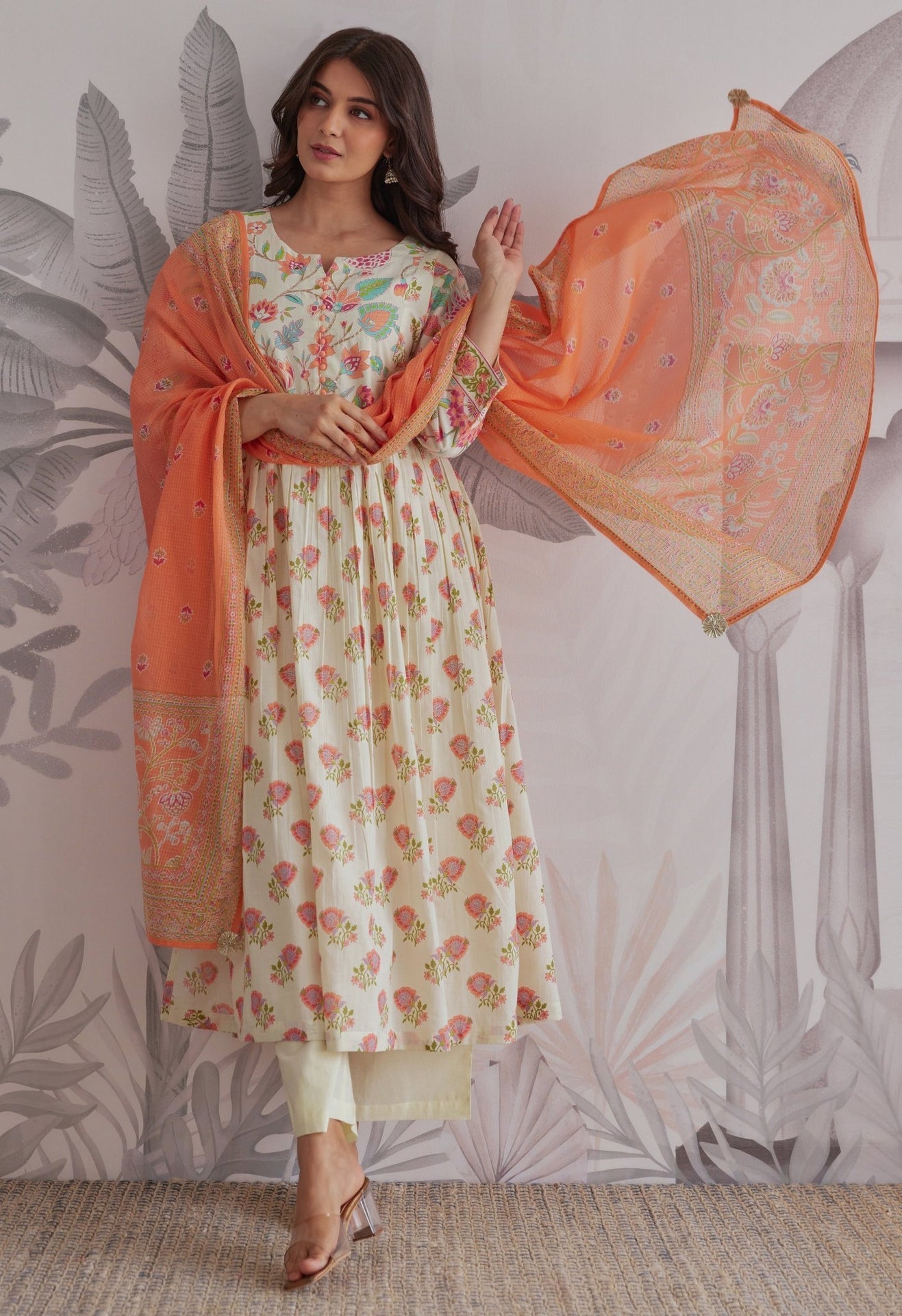 Orange - Cream Floral Printed Anarkali Suit Set - Tara - C - Tara