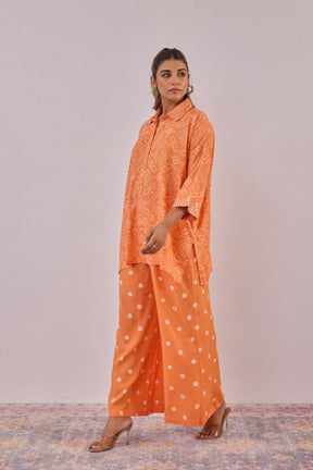 Orange Embroidered Bandhej Printed Coord Set With Palazzo Pant - Tara - C - Tara