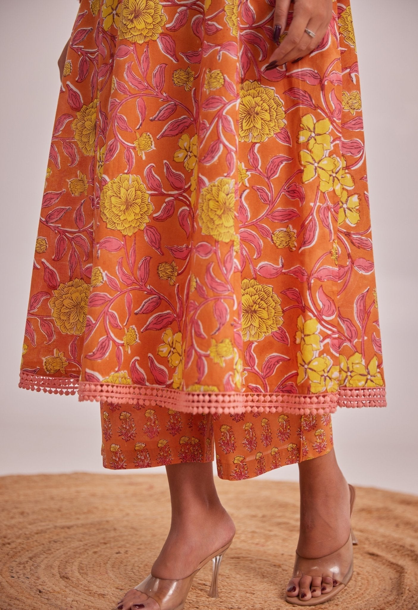 Orange Floral hand Block Printed Coord Set - Tara - C - Tara