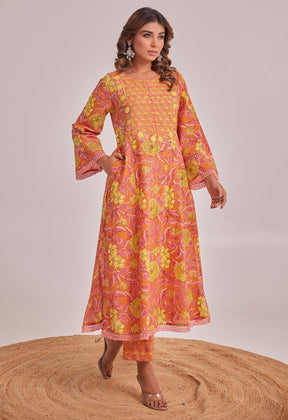 Orange Floral hand Block Printed Coord Set - Tara - C - Tara