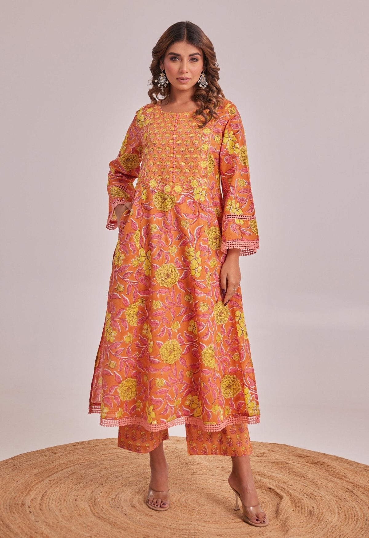 Orange Floral hand Block Printed Coord Set - Tara - C - Tara