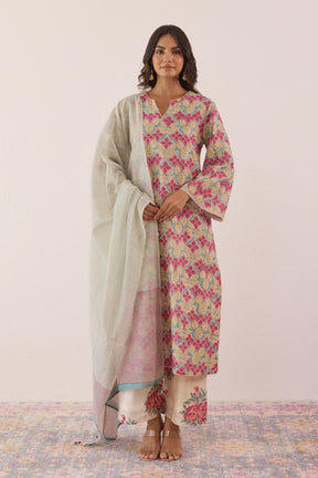 Pastel Blue Chanderi Hand block Printed Suit Set With Dupatta - Tara - C - Tara
