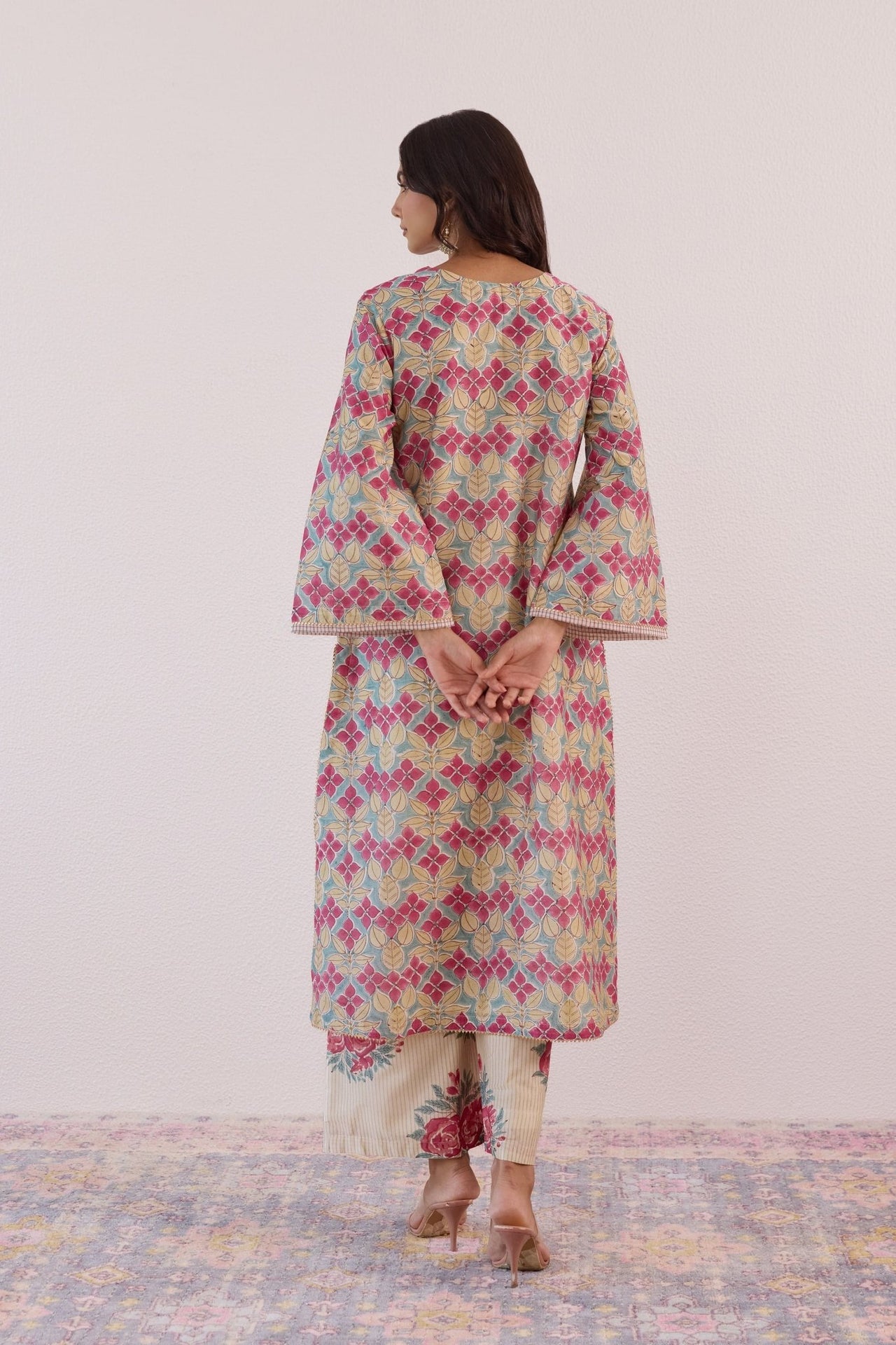 Pastel Blue Chanderi Hand block Printed Suit Set With Dupatta - Tara - C - Tara