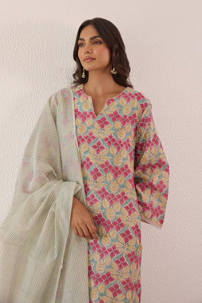 Pastel Blue Chanderi Hand block Printed Suit Set With Dupatta - Tara - C - Tara