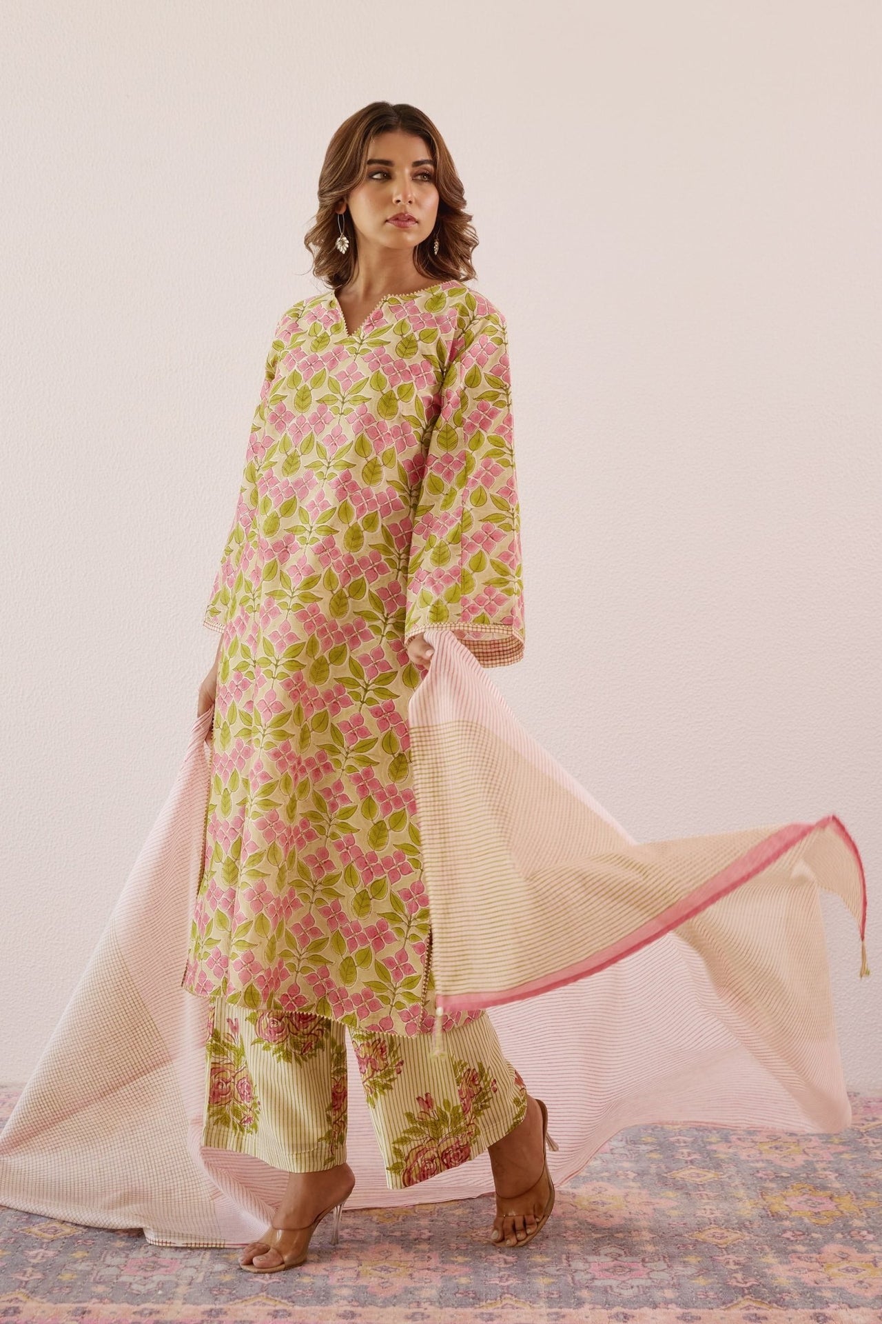 Pastel Green Chanderi Hand block Printed Suit Set With Dupatta - Tara - C - Tara