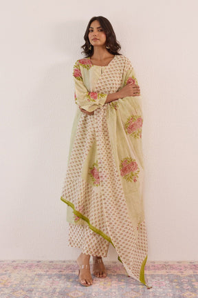Pastel Green Hand Block Printed Chanderi Floral Kurta Set With Dupatta - Tara - C - Tara