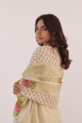 Pastel Green Hand Block Printed Chanderi Floral Kurta Set With Dupatta - Tara - C - Tara