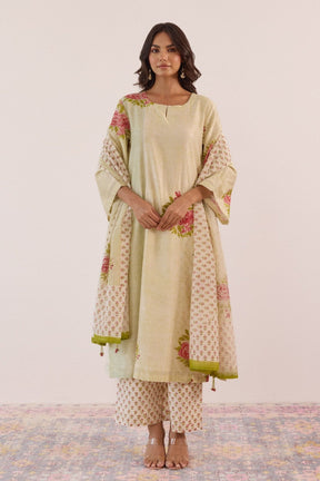 Pastel Green Hand Block Printed Chanderi Floral Kurta Set With Dupatta - Tara - C - Tara