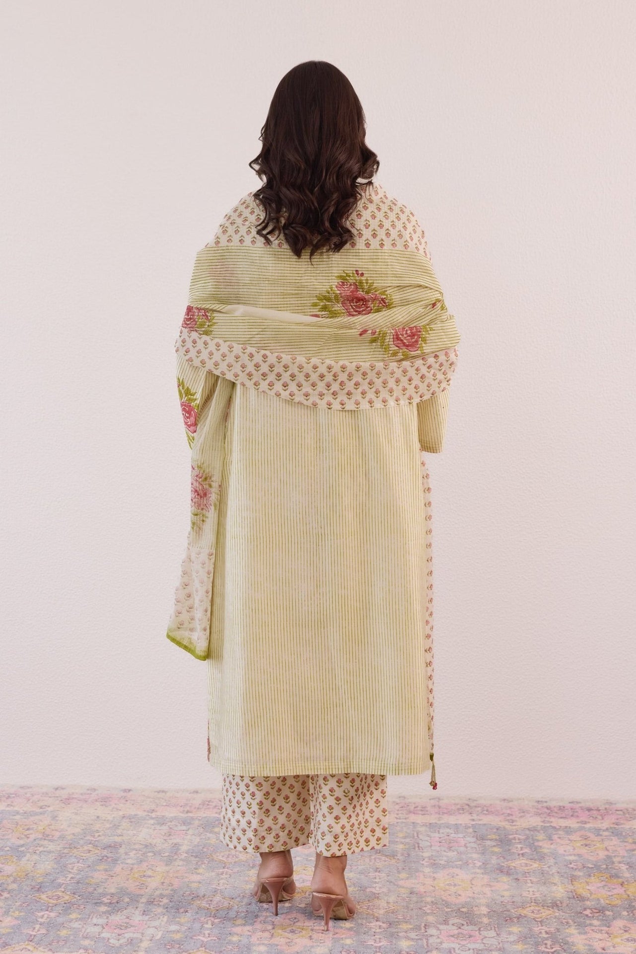 Pastel Green Hand Block Printed Chanderi Floral Kurta Set With Dupatta - Tara - C - Tara