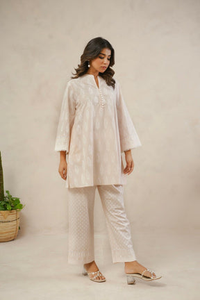 Pastel Peach White Khari hand Block Printed Coordset - Tara - C - Tara