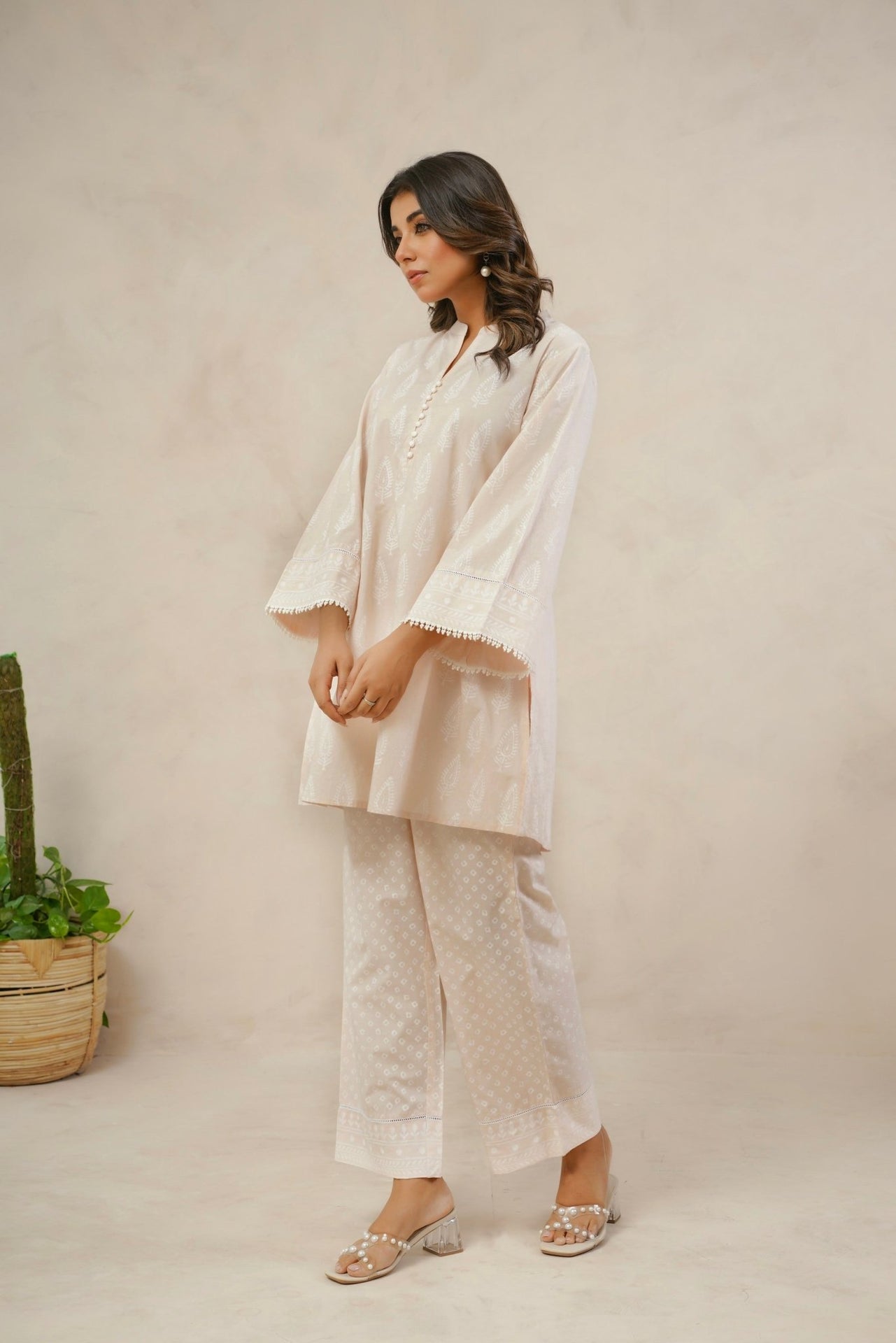 Pastel Peach White Khari hand Block Printed Coordset - Tara - C - Tara