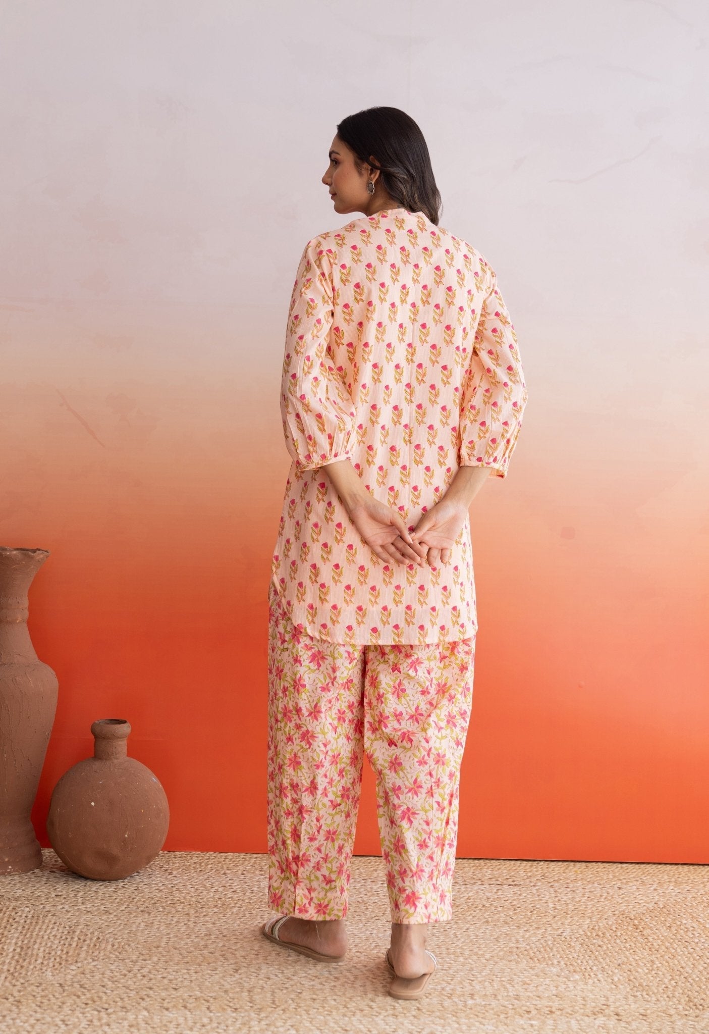 PEACH BUTI HAND BLOCK PRINTED COORD SET - Tara - C - Tara