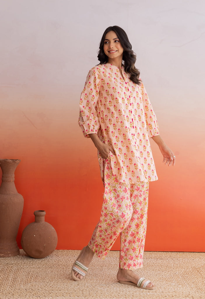 PEACH BUTI HAND BLOCK PRINTED COORD SET - Tara - C - Tara