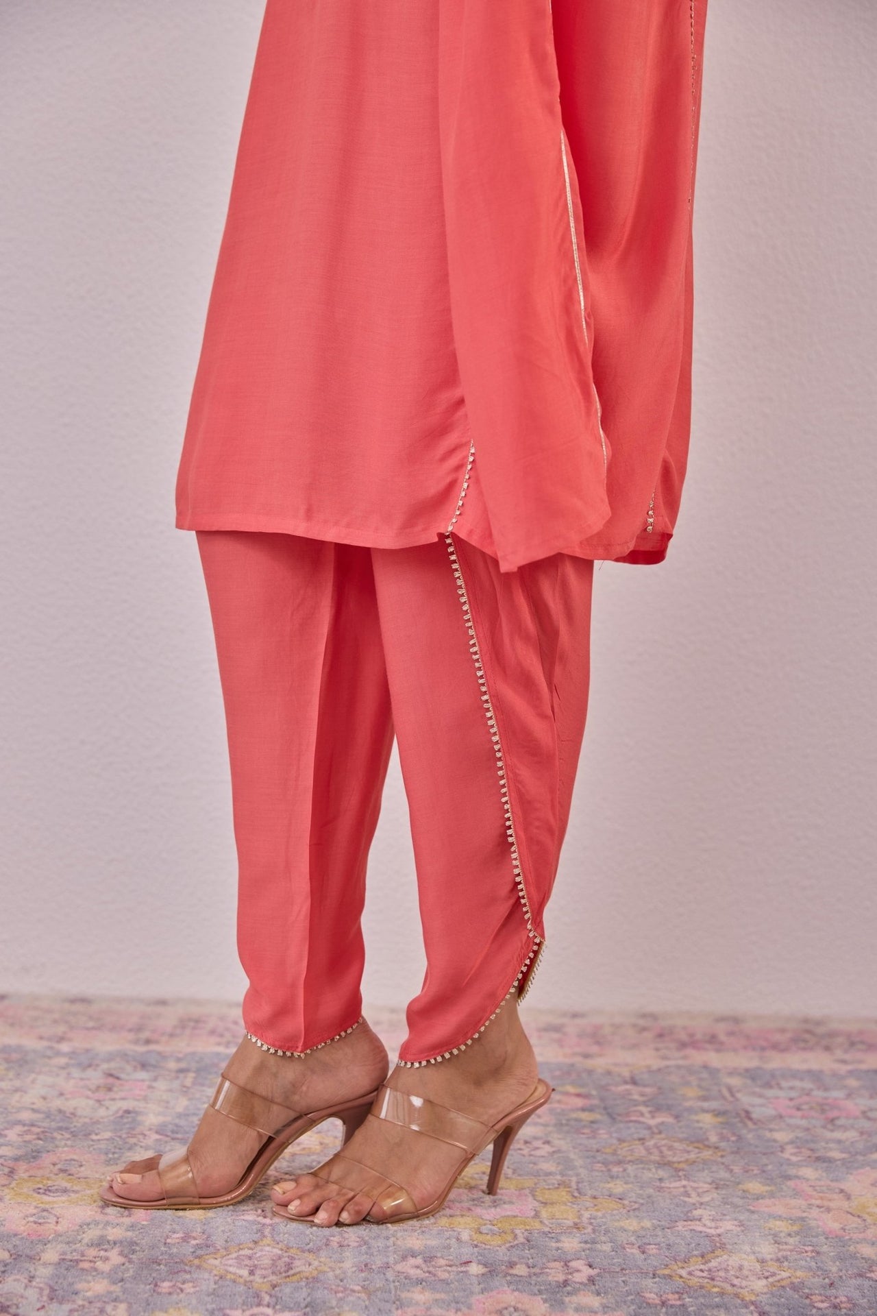 Peach Cotton Silk Embroidered Kaftan Set - Tara - C - Tara