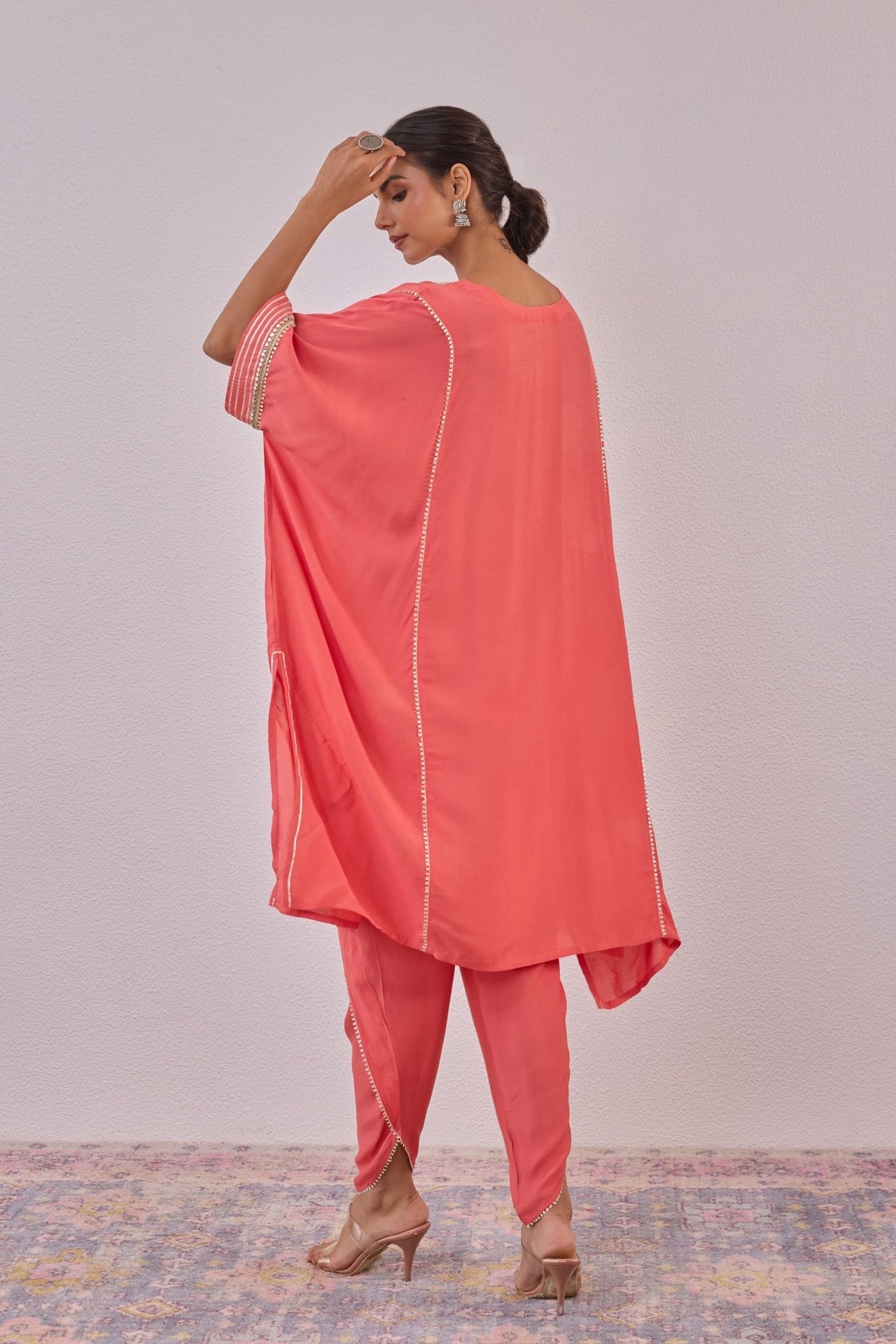 Peach Cotton Silk Embroidered Kaftan Set - Tara - C - Tara