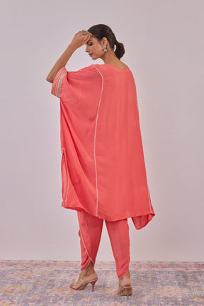Peach Cotton Silk Embroidered Kaftan Set - Tara - C - Tara