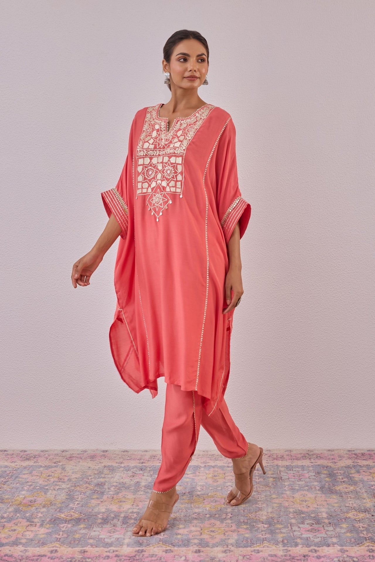 Peach Cotton Silk Embroidered Kaftan Set - Tara - C - Tara