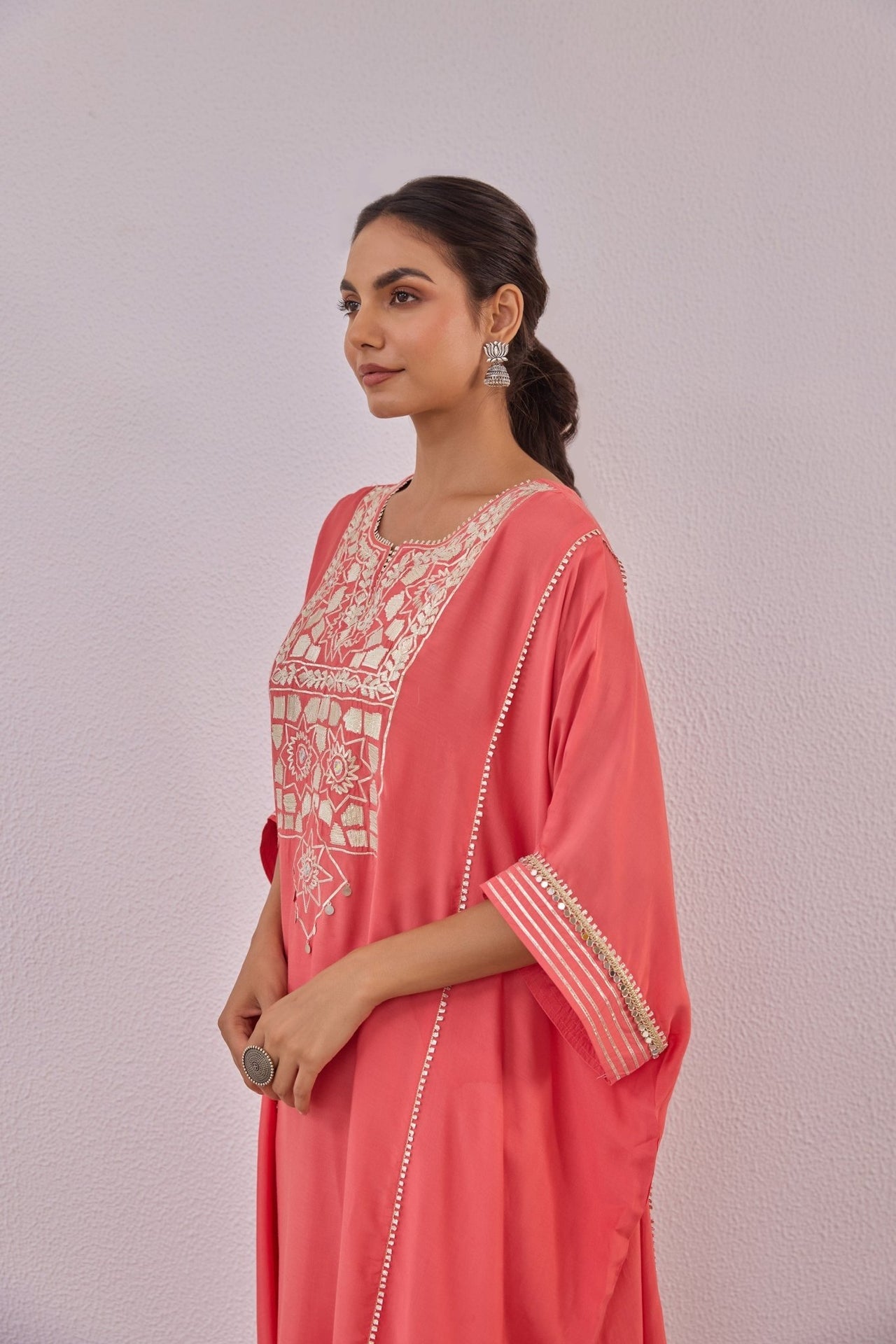 Peach Cotton Silk Embroidered Kaftan Set - Tara - C - Tara