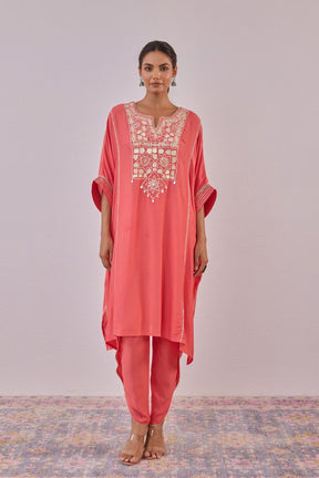 Peach Cotton Silk Embroidered Kaftan Set - Tara - C - Tara