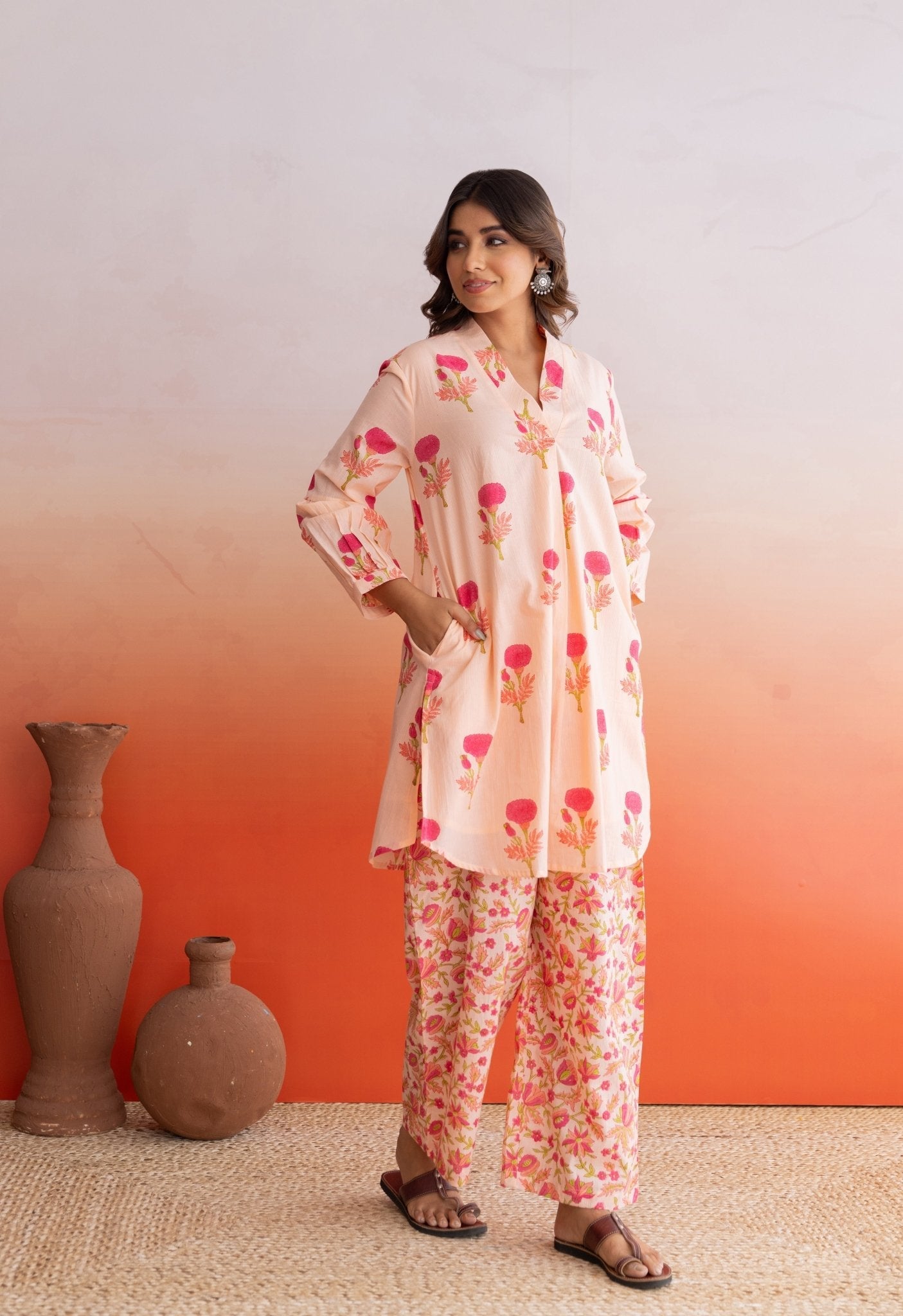 PEACH FLORAL BUTA HAND BLOCK PRINTED COORD SET - Tara - C - Tara