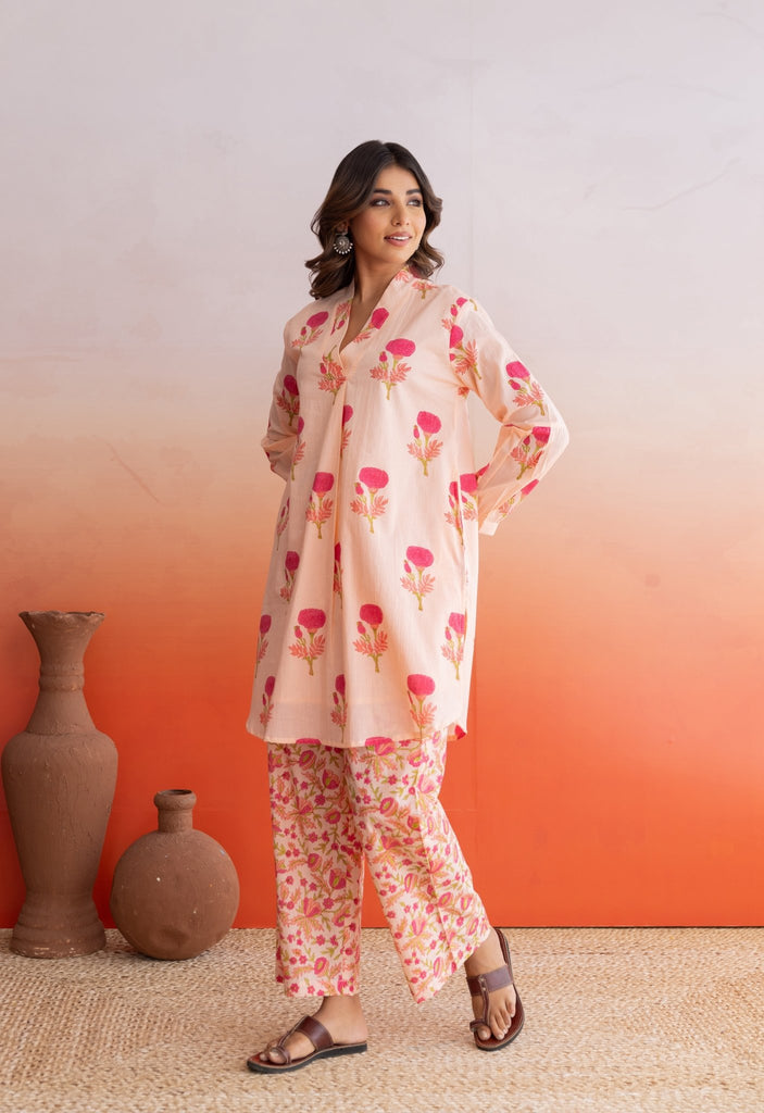 PEACH FLORAL BUTA HAND BLOCK PRINTED COORD SET - Tara - C - Tara