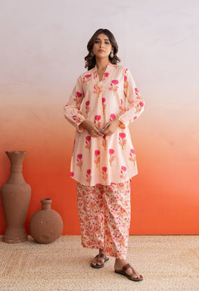 PEACH FLORAL BUTA HAND BLOCK PRINTED COORD SET - Tara - C - Tara