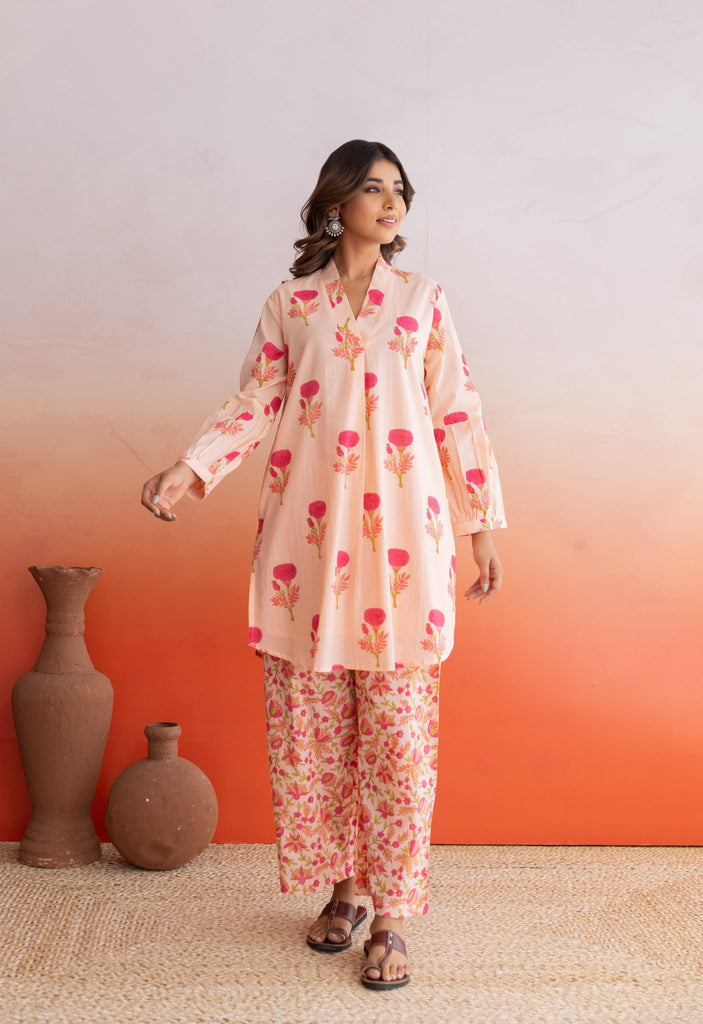 PEACH FLORAL BUTA HAND BLOCK PRINTED COORD SET - Tara - C - Tara