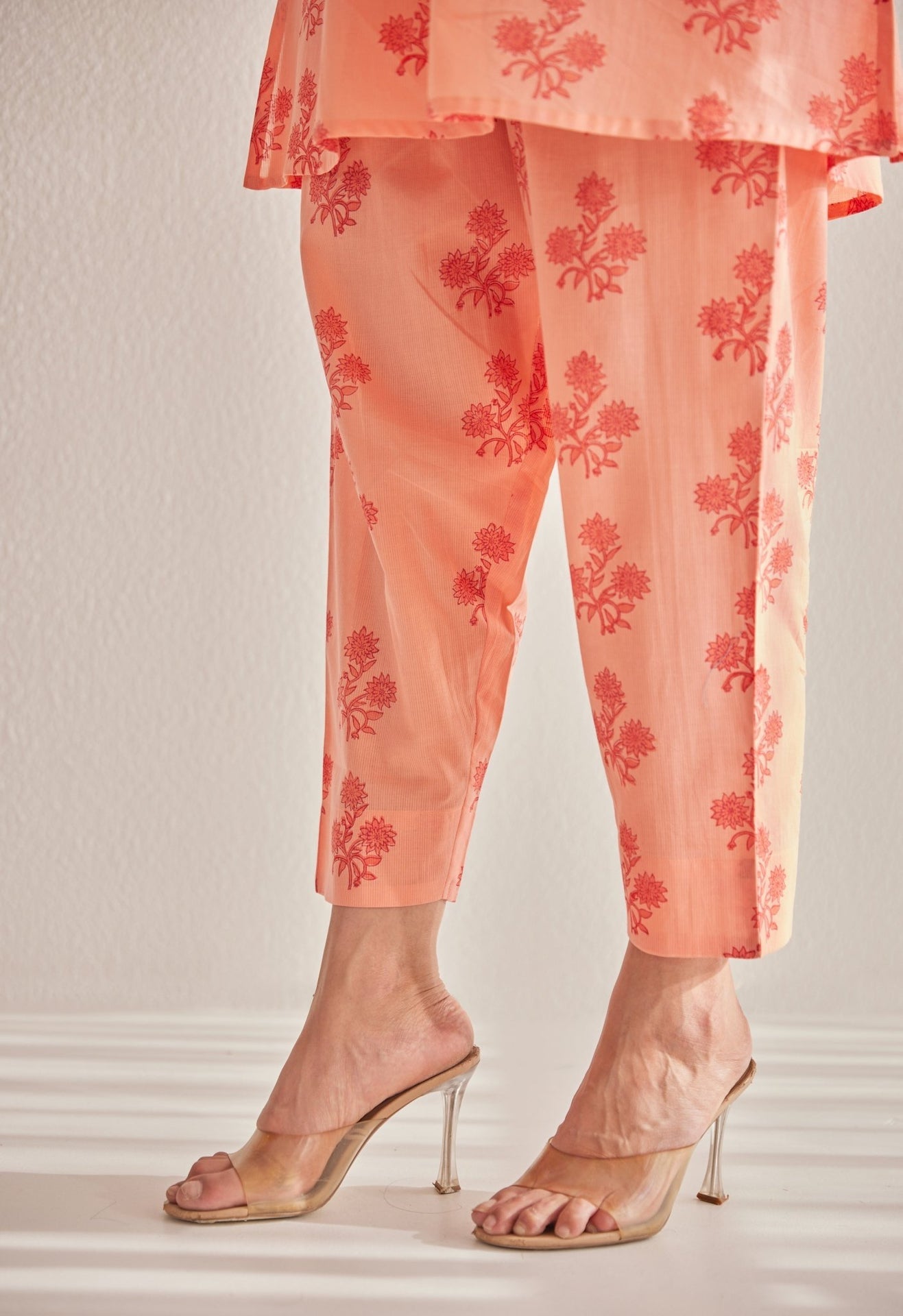 Peach Floral Buti Hand Block Printed Coord Set - Tara - C - Tara