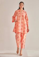 Peach Floral Buti Hand Block Printed Coord Set - Tara - C - Tara
