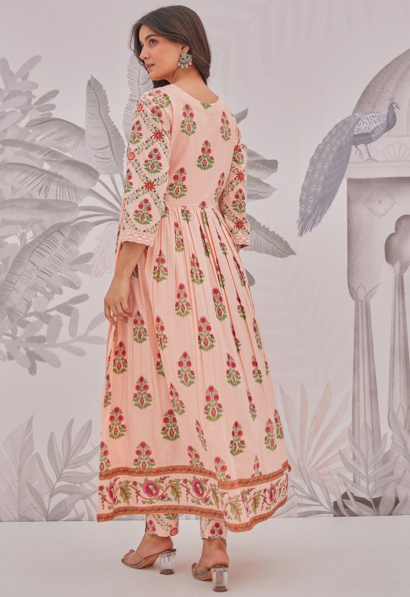 Peach Floral Butta Printed Anarkali Suit Set - Tara - C - Tara