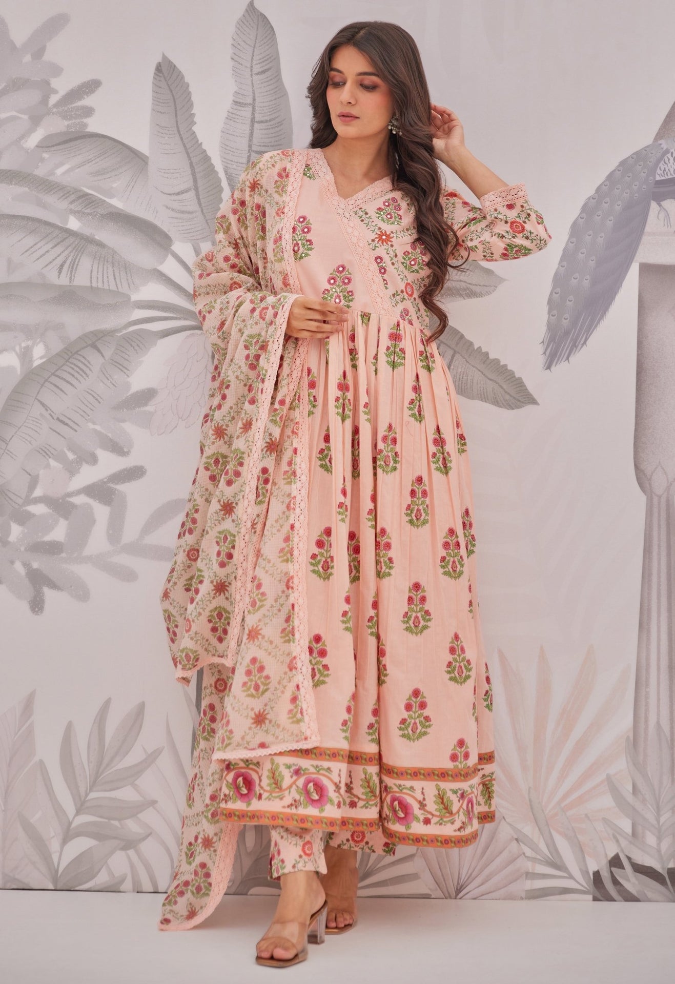 Peach Floral Butta Printed Anarkali Suit Set - Tara - C - Tara