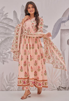 Peach Floral Butta Printed Anarkali Suit Set - Tara - C - Tara