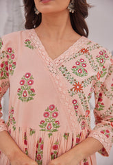 Peach Floral Butta Printed Anarkali Suit Set - Tara - C - Tara