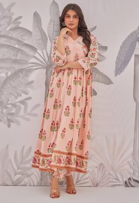 Peach Floral Butta Printed Anarkali Suit Set - Tara - C - Tara