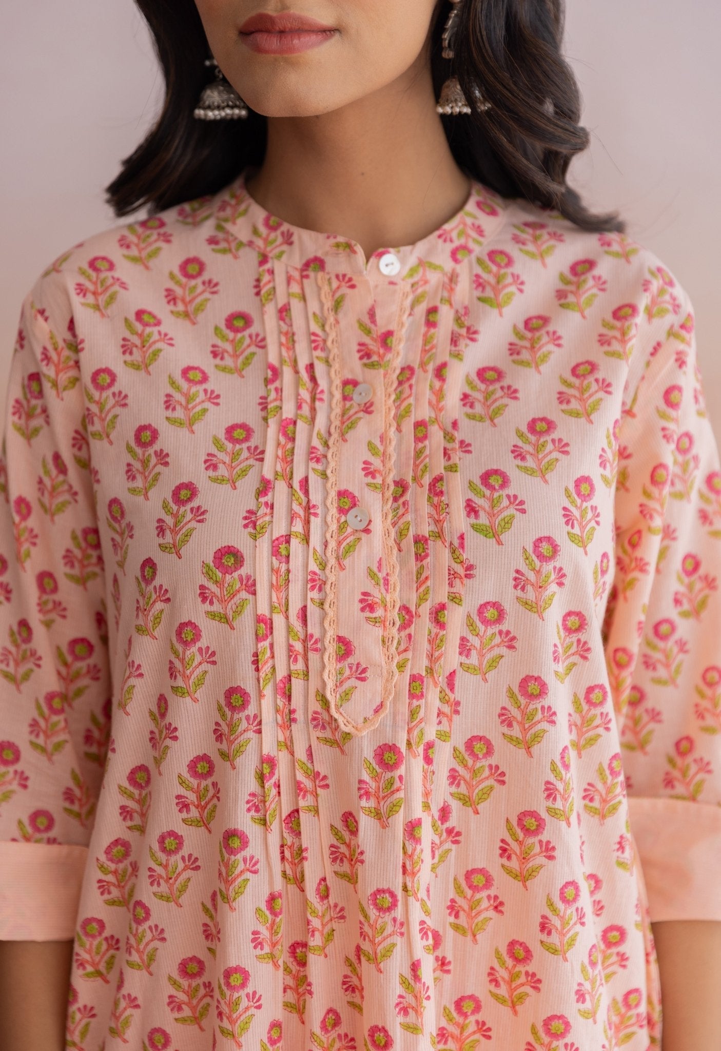 PEACH FLORAL HAND BLOCK PRINTED COORDSET - Tara - C - Tara