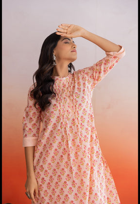 PEACH FLORAL HAND BLOCK PRINTED COORDSET - Tara - C - Tara