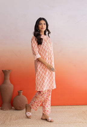 PEACH FLORAL HAND BLOCK PRINTED COORDSET - Tara - C - Tara