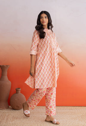 PEACH FLORAL HAND BLOCK PRINTED COORDSET - Tara - C - Tara