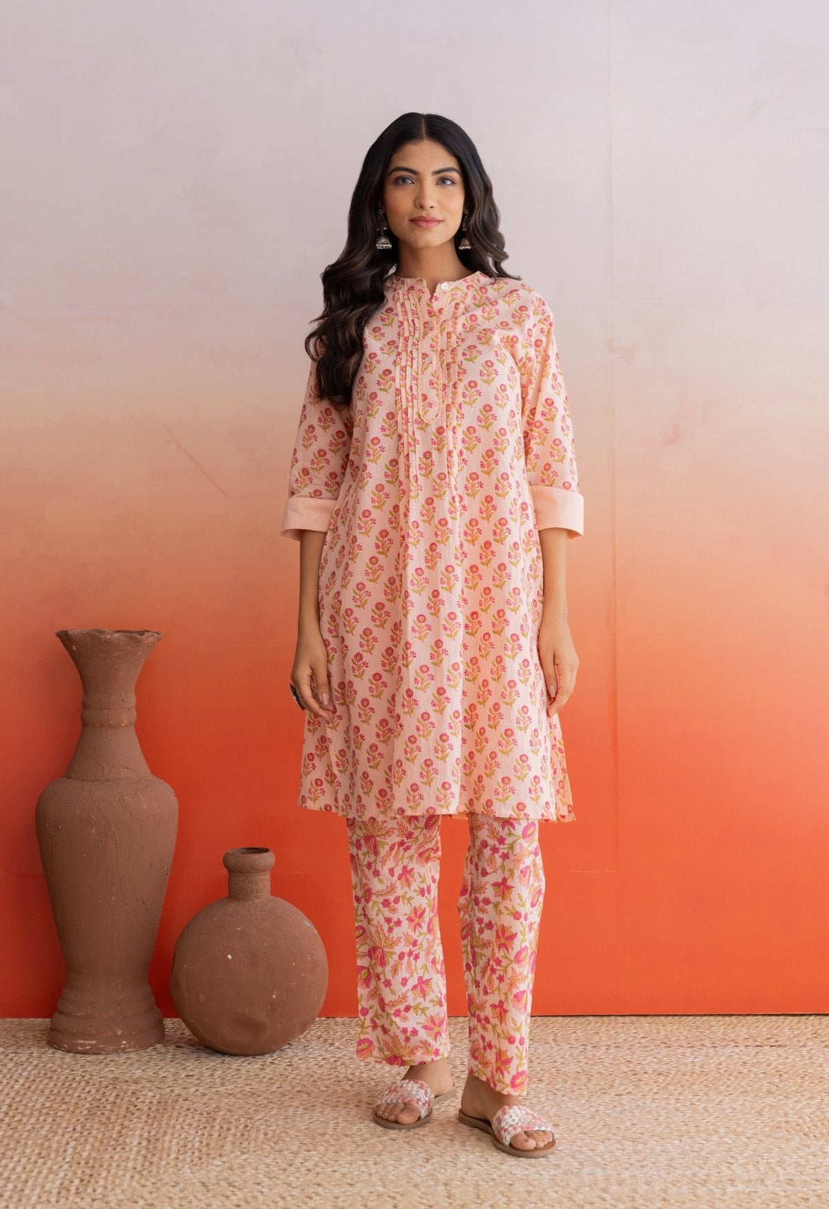 PEACH FLORAL HAND BLOCK PRINTED COORDSET - Tara - C - Tara